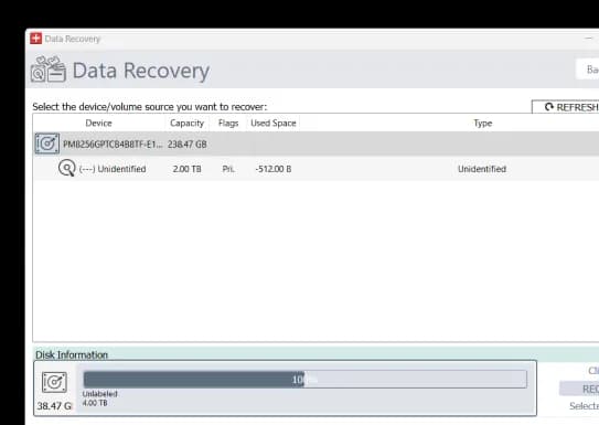 A screen with a Data Recovery button.