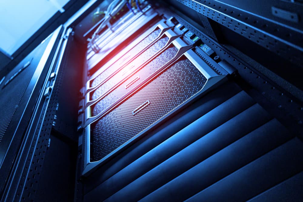 A computer server with a blue background