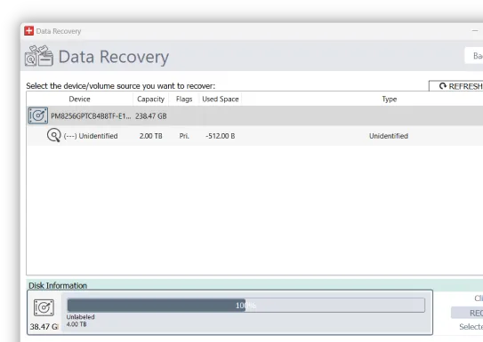 A screen with a Data Recovery button