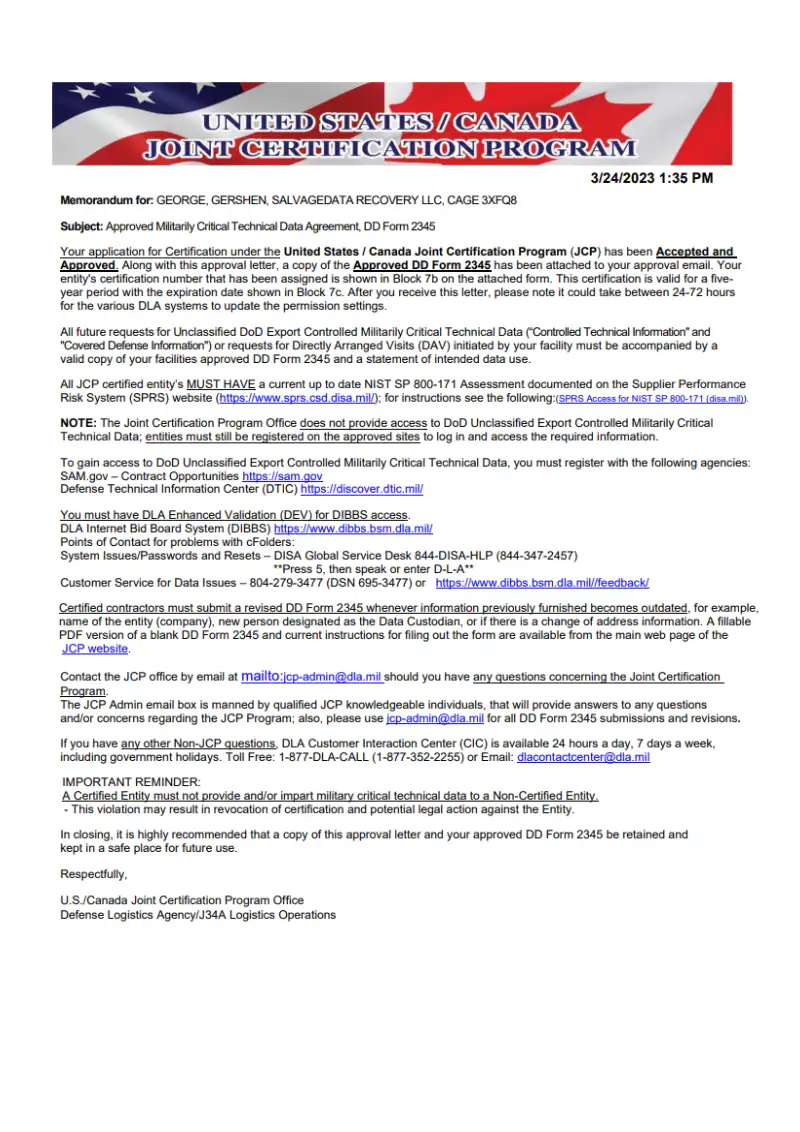 U.S.–Canada Joint Certification Program approval letter for SalvageData Recovery LLC