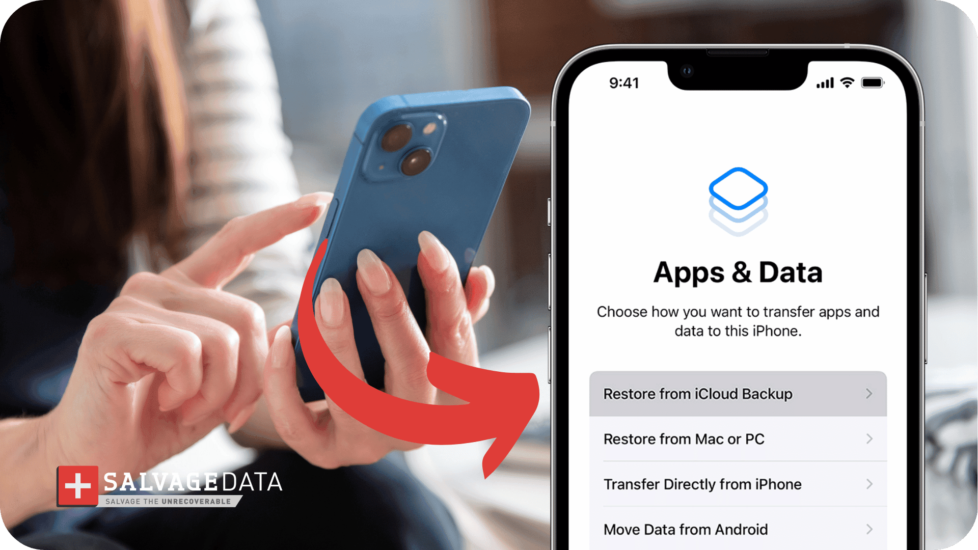 image shows a woman holding an iPhone and a close-up of the Apps & Data menu