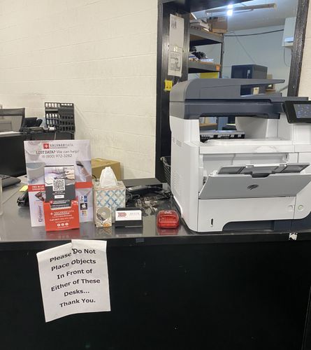 SalvageData data recovery drop-off box inside the location at 22133 Sherman Way, Canoga Park, CA 91303