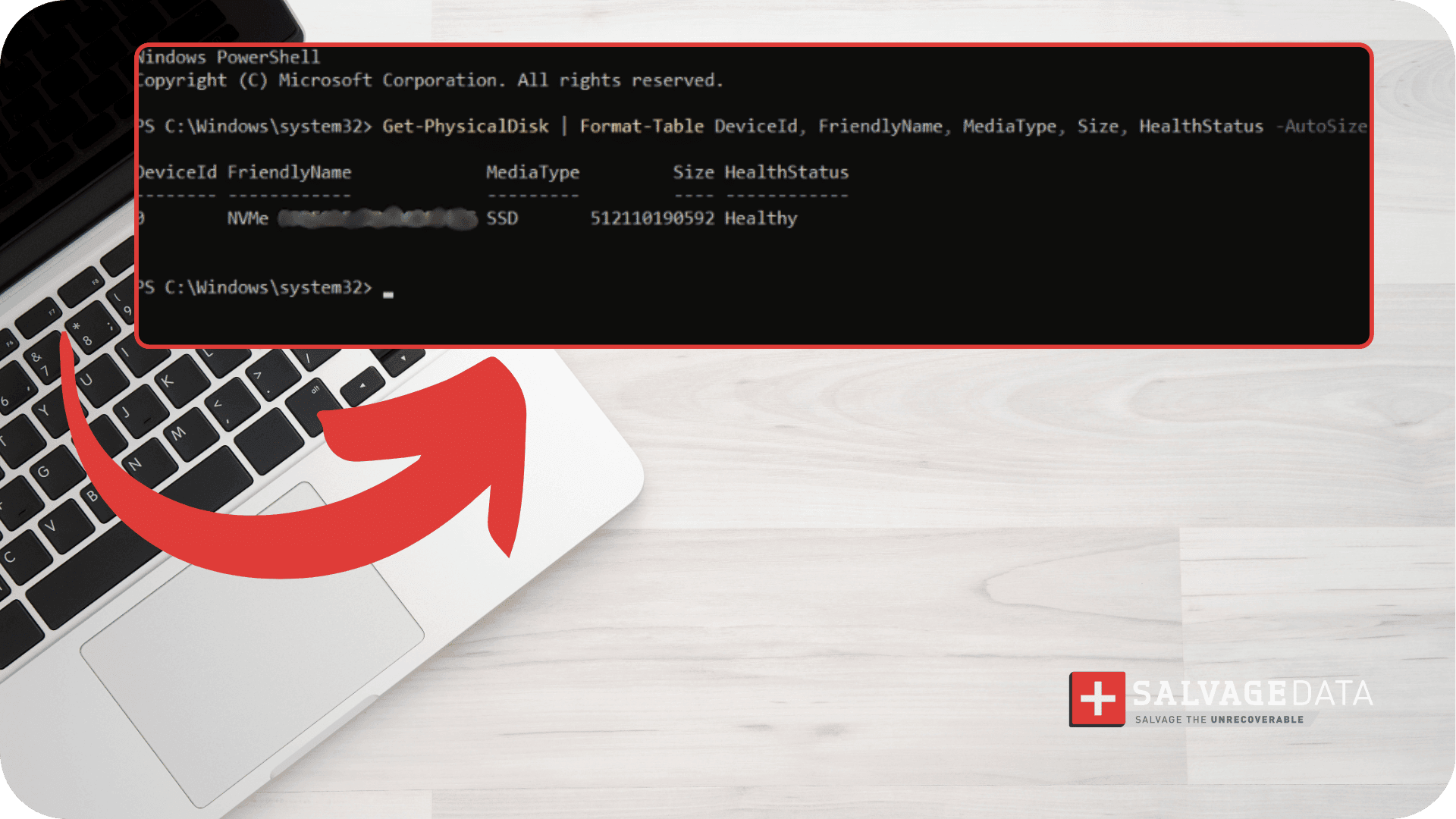 PowerShell Get-PhysicalDisk output showing hard drive health status