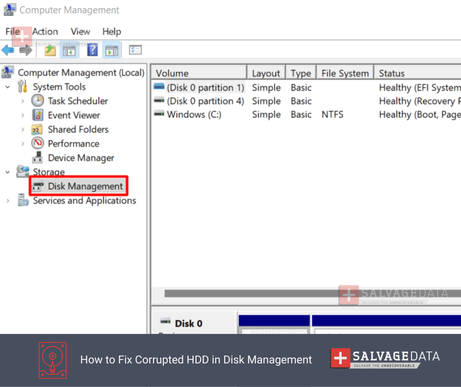  Use Disk Management to check corrupted hard disk