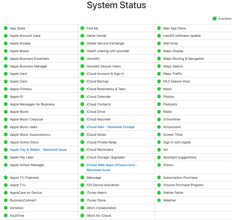 system status Apple https://www.apple.com/support/systemstatus/