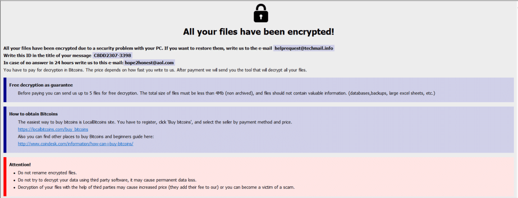 Sample of Elbie's “info.hta” ransom note: All your files have been encrypted! All your files have been encrypted due to a security problem with your PC. If you want to restore them, write us to the e-mail antich154@privatemail.com Write this ID in the title of your message - In case of no answer in 24 hours write us to this e-mail:rikyrank113@protonmail.com You have to pay for decryption in Bitcoins. The price depends on how fast you write to us. After payment we will send you the tool that will decrypt all your files. Free decryption as guarantee Before paying you can send us up to 5 files for free decryption. The total size of files must be less than 4Mb (non archived), and files should not contain valuable information. (databases,backups, large excel sheets, etc.) How to obtain Bitcoins The easiest way to buy bitcoins is LocalBitcoins site. You have to register, click 'Buy bitcoins', and select the seller by payment method and price. hxxps://localbitcoins.com/buy_bitcoins Also you can find other places to buy Bitcoins and beginners guide here: hxxp://www.coindesk.com/information/how-can-i-buy-bitcoins/ Attention! Do not rename encrypted files. Do not try to decrypt your data using third party software, it may cause permanent data loss. Decryption of your files with the help of third parties may cause increased price (they add their fee to our) or you can become a victim of a scam.